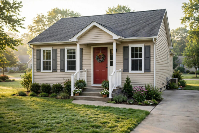 Starter home with red front door